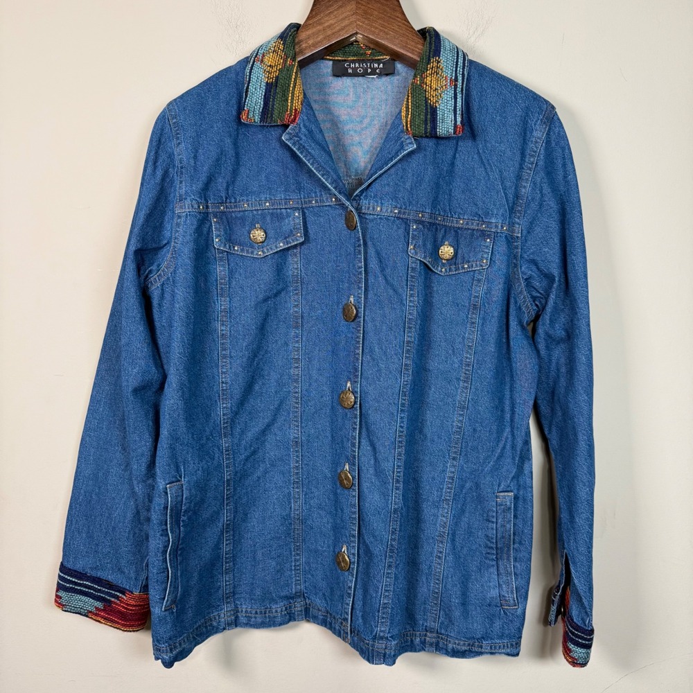 Vintage Christina Hope Southwestern Boho Denim/Tapestry Button Down Jacket READ